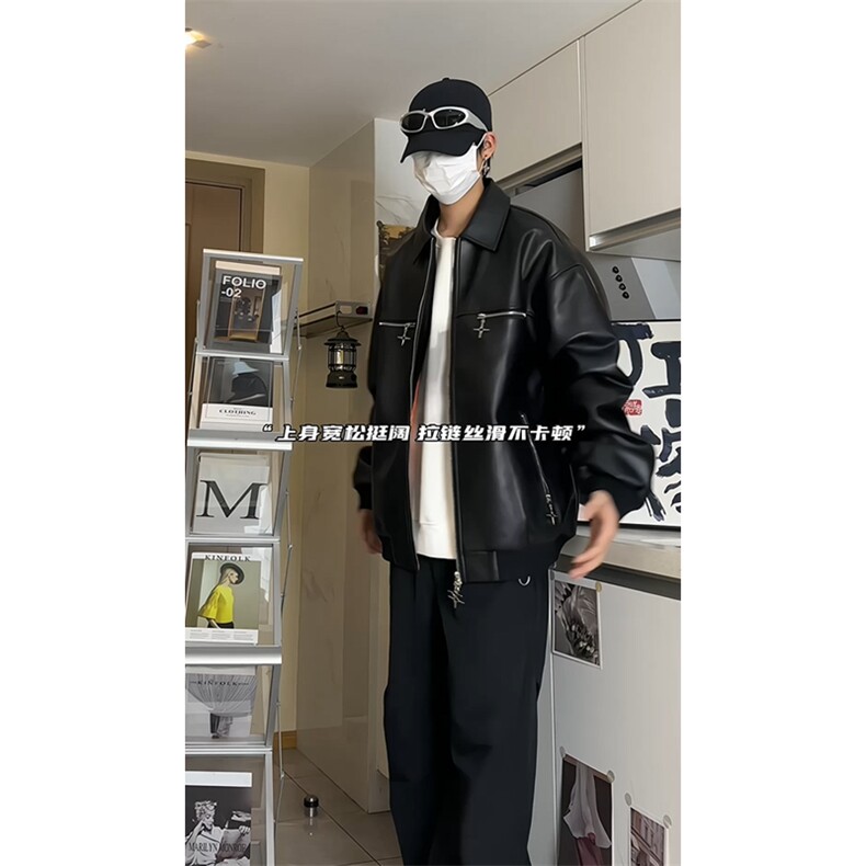秋款PU皮夹克四芒星双开拉链外套视频切片（现货）1213-DY153-P95,男装夹克,星座1213