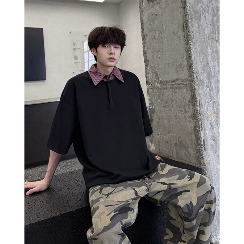 8XL-M格纹拼接假两件短袖t恤大码美式重磅polo翻领半袖DX1218/P48,男装T恤,电商B238