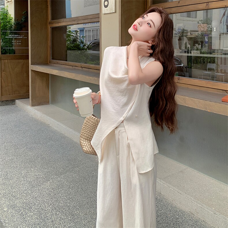 现货  荡领无袖棉麻套裤图片