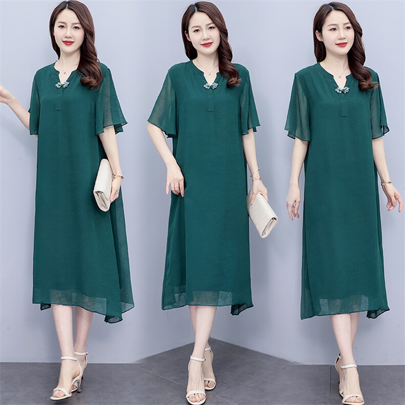 （现货）2025年夏季圆领中长款中长款大码短袖纯色A字裙，女装连衣裙，深妍伊美