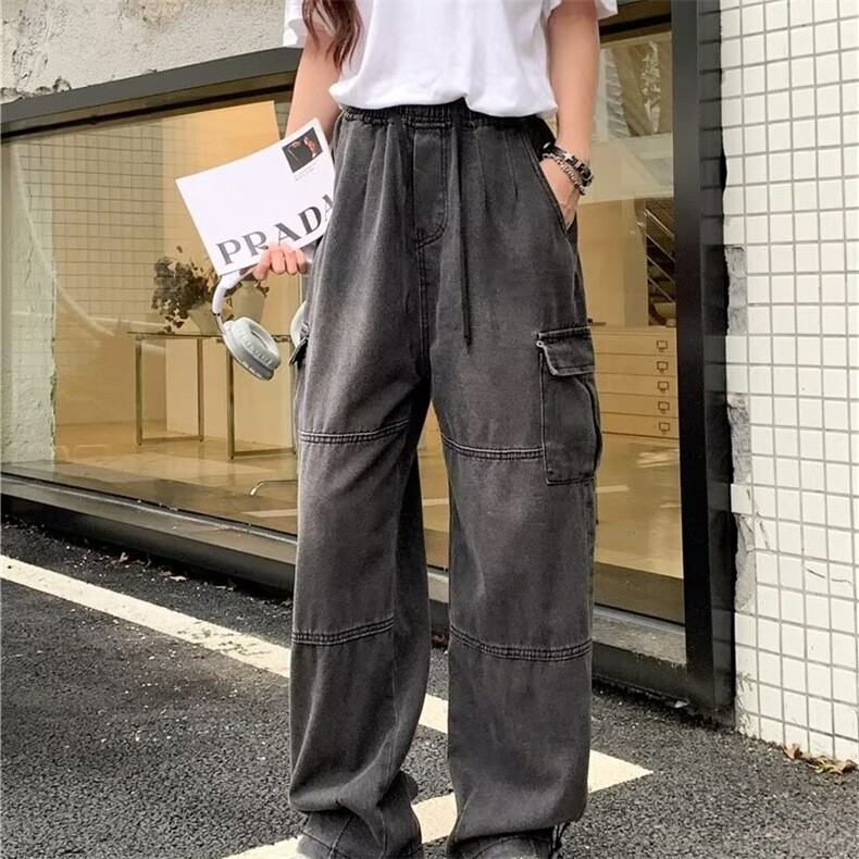 高腰阔腿牛仔裤男女小个子黑色工装裤休闲百搭美式直筒裤8023/P65图片