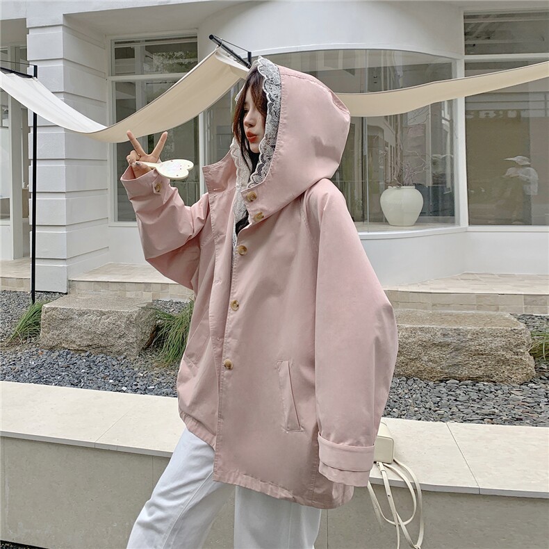 韩系蕾丝边连帽粉色风衣外套女春秋2025新款小个子甜美多巴胺大衣,女装风衣,2C332