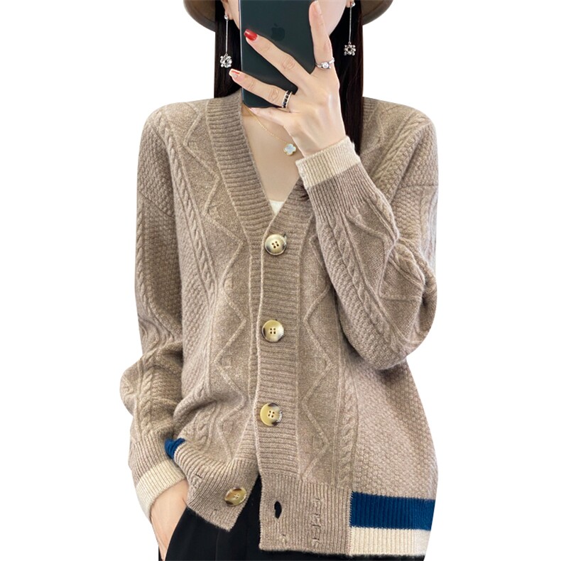 时尚百搭女士秋冬针织羊毛衫羊毛V领宽松显瘦开衫毛衣,女装羊毛衫,昭美羊绒