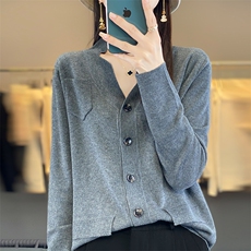 24春秋新款精纺羊毛衫开衫女V领带兜长袖针织衫毛衣宽松上衣外套，女装羊毛衫，佳绒包芯纱店