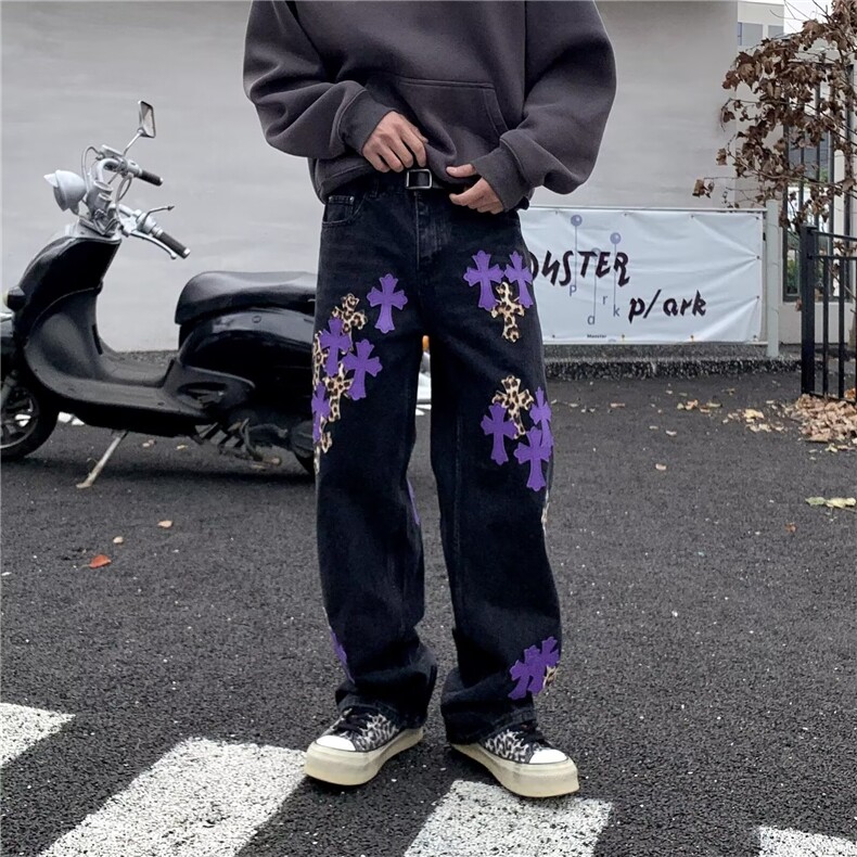 十字架撞色拼皮牛仔裤男女高腰显瘦美式复古高级感直筒休闲裤潮，男装皮裤，星座410-6（原星座1304-1）