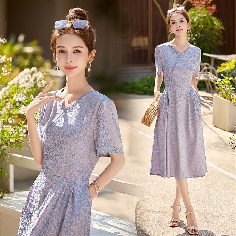 新中式国风连衣裙女2025夏季新款气质修身显瘦提花妈妈装旗袍裙子，女装套装/套裙，多彩