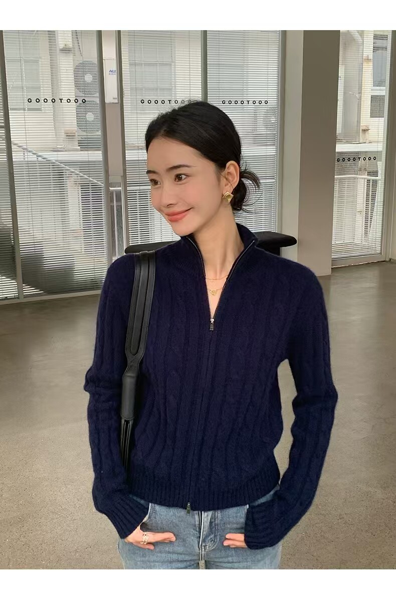 秋季新款舒适显瘦时尚百搭麻花拉链毛衣,女装羊毛衫,恒恩羊绒