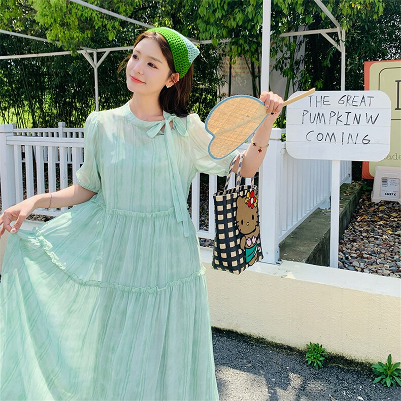 法式温柔风系带圆领连衣裙女2025夏季新款韩版宽松显瘦木耳边长裙,女装连衣裙,2C058