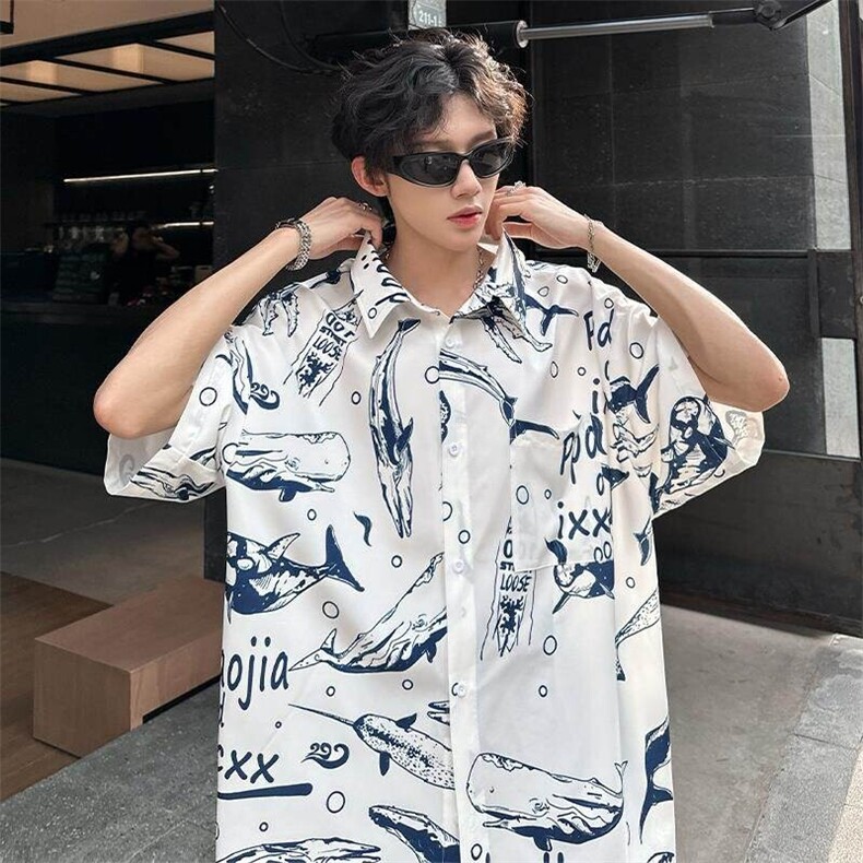 特批P27无差价鲸鱼印花速干衬衫男夏痞帅威夷外套沙滩衬衣CD5502,男装衬衫,电商A001