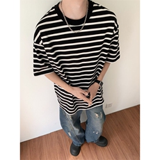 现货高品质大码夏季条纹圆领短袖男女宽松海魂衫上衣T2510-P35，男装T恤，星座1212