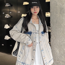 潮牌水洗米杏色牛仔外套女宽松翻领情侣夹克休闲春秋款NZ027-85，男装工装外套，星座911-3
