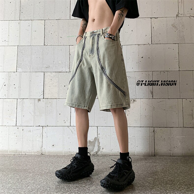 B221美式ins高街暗黑拉链休闲牛仔短裤五分裤LK23101-P60控78,男装牛仔裤,电商B221