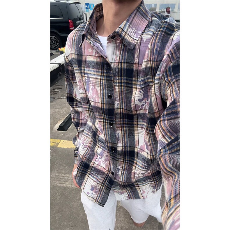 美式扎染条纹格子衬衫男女复古长袖衬衫上衣外套C2239-特价P30,男装衬衫,电商A007