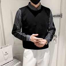 假两件针织衫男2024冬季新款休闲潮流衬衫领长袖男士条纹毛衣Q801，男装针织衫/毛衣，星座1116A-2（原606A-1）