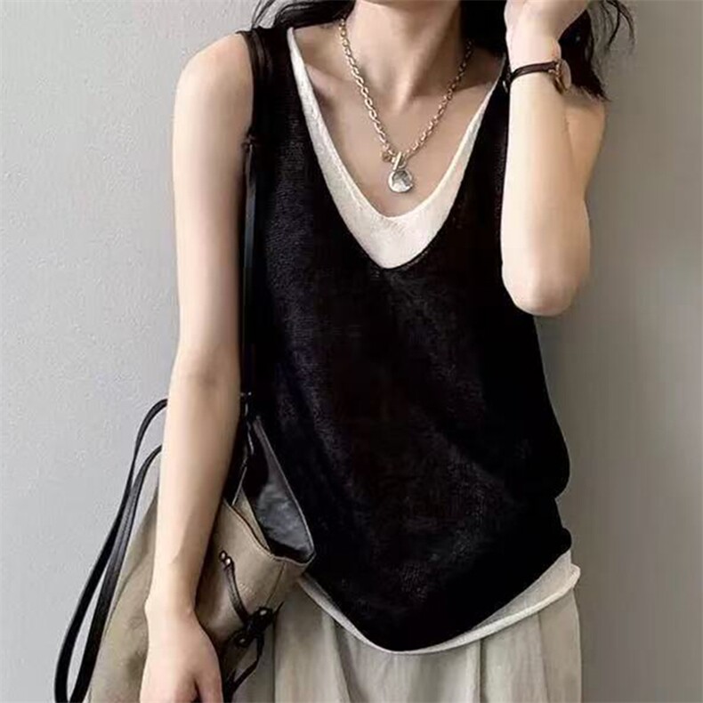 新款v领无袖吊带时尚百搭修身型,女装T恤,锦弘羊绒