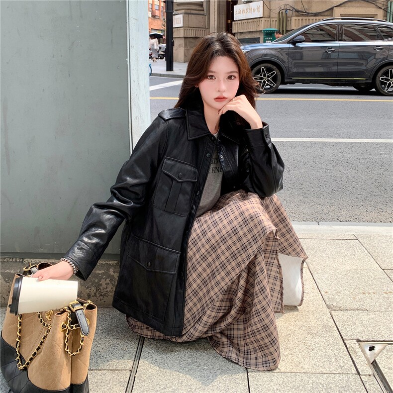 气质复古收腰黑色皮衣外套女春秋2025新款小个子机车服PU夹克流行,女装短外套,2C030