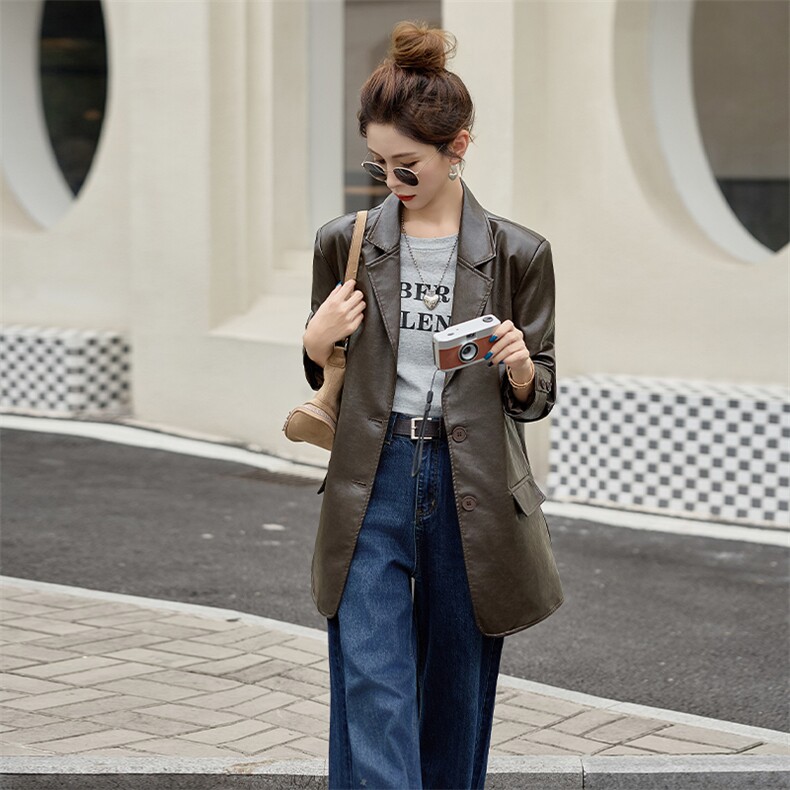 西装皮衣女款2025新款春秋咖色小个子阔版宽松PU机车服皮夹克外套,女装皮衣,江南女神