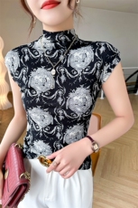 气质网纱印花时尚T恤女短袖半高领2025夏季薄，女装衬衫，温伦斯特羊绒