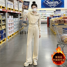 女秋款冬季网红时尚休闲运动套装短款连帽加绒外套阔腿长裤两件套，女装套装/套裙，江南