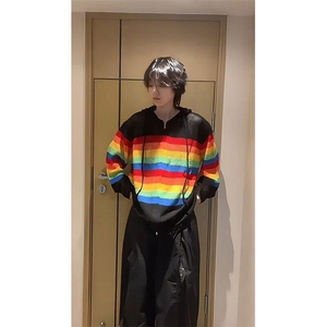 【有货】D939-特P45多巴胺条纹镂空针织开衫男女宽松撞色连帽长袖图片