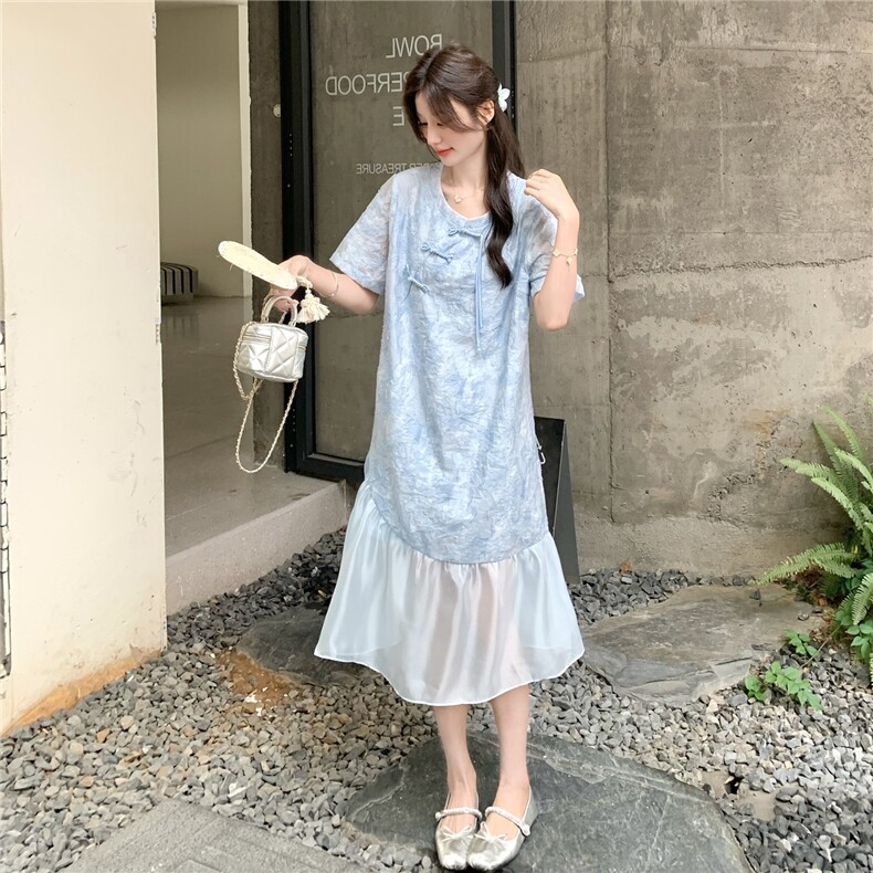 新中式国风提花圆领连衣裙女2025夏季新款小个子宽松气质拼接长裙,女装连衣裙,2C307