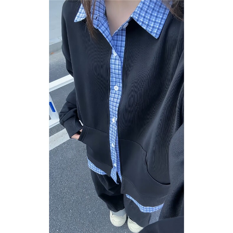 特批45新品假两件男女同款情侣拼接格子休闲卫衣百搭WY8715,男装卫衣,电商A128