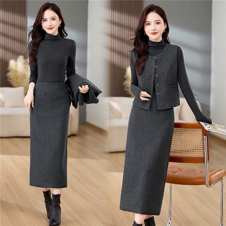 小香风高级感气质毛呢外套半身裙套装女2026春季时尚三件套潮，女装套装/套裙，美沁
