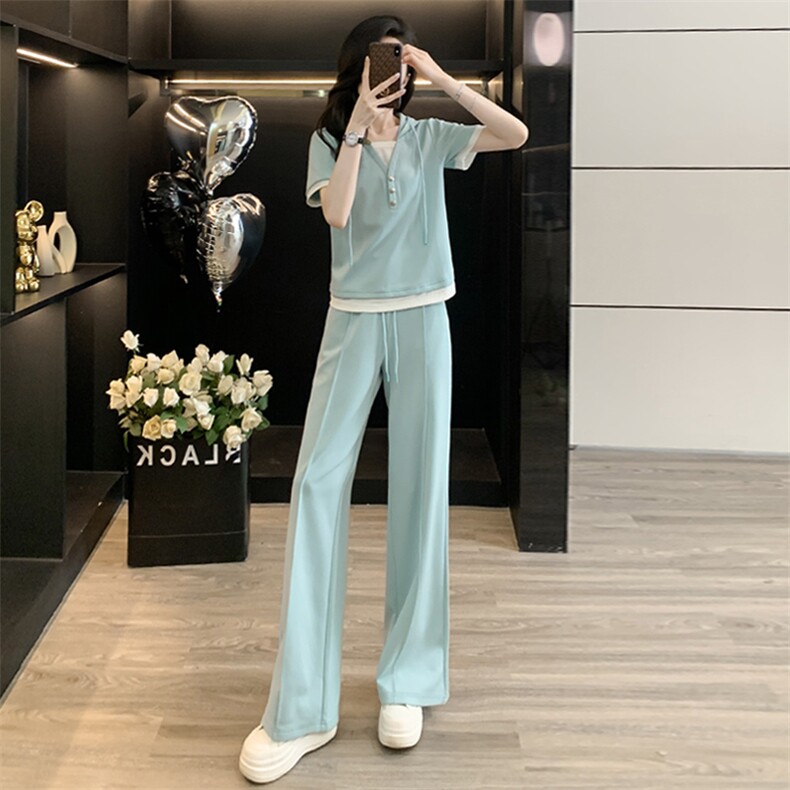 网红休闲运动套装女夏季新款假两件连帽短袖卫衣阔腿裤两件套潮流,女装套装/套裙,江南