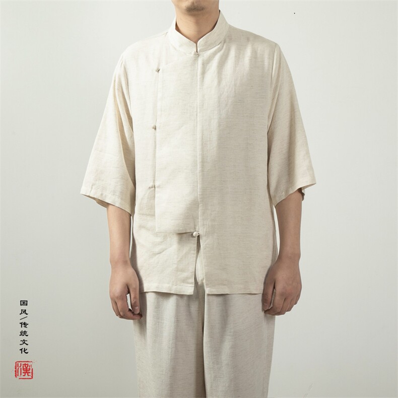 夏装新款风男装棉麻男士立领唐装新中式短袖衬衫X03P75,男装衬衫,钱塘802