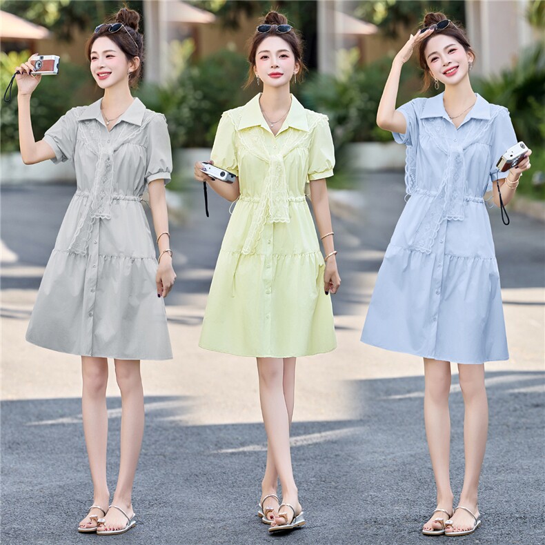 2025夏季新款可调节腰围纯色显瘦带蕾丝披肩连衣裙，女装连衣裙，贵人树