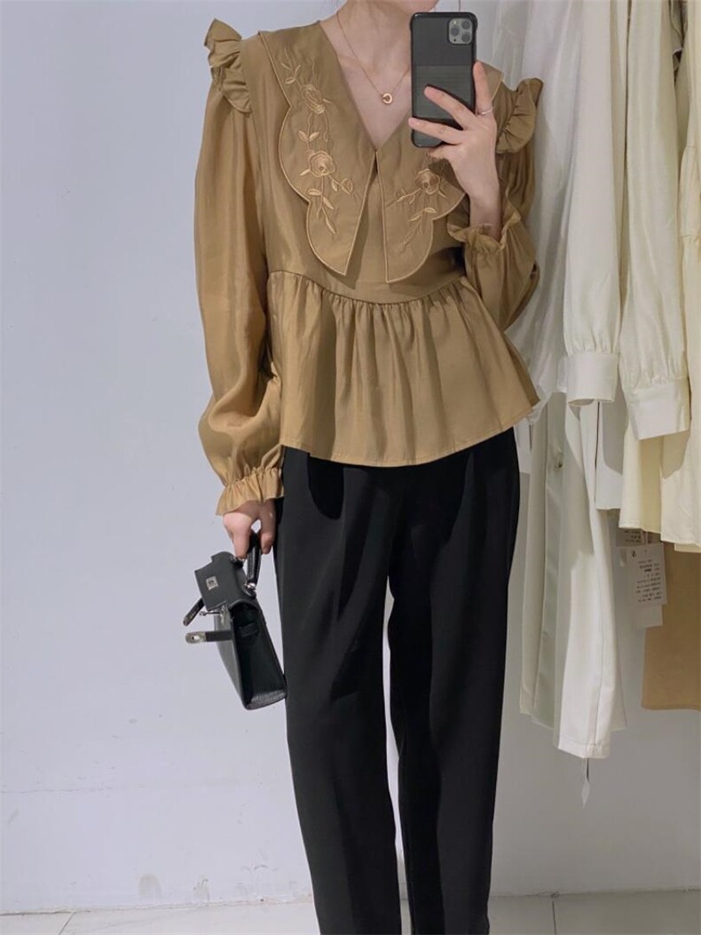 娃娃领刺绣小衫，其它，驿谷