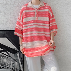 8XL-M特大码美式复古条纹撞色针织POLO衫翻领休闲短袖TDX311P35，男装T恤，电商D206-1