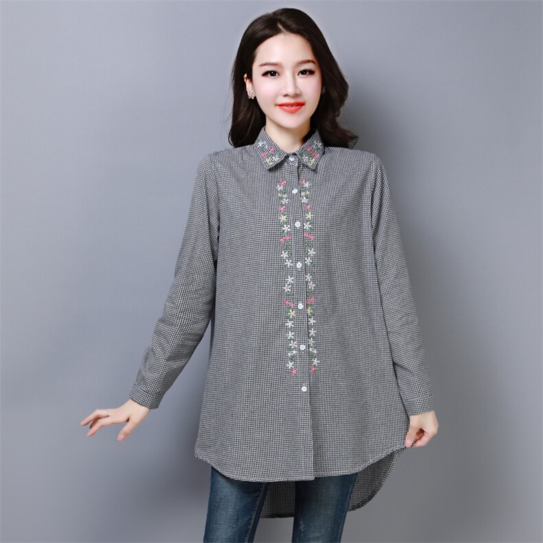 2021年春季新款时尚舒适潮流百搭简约纯色格子绣花衬衫,女装衬衫,奕阳依阁