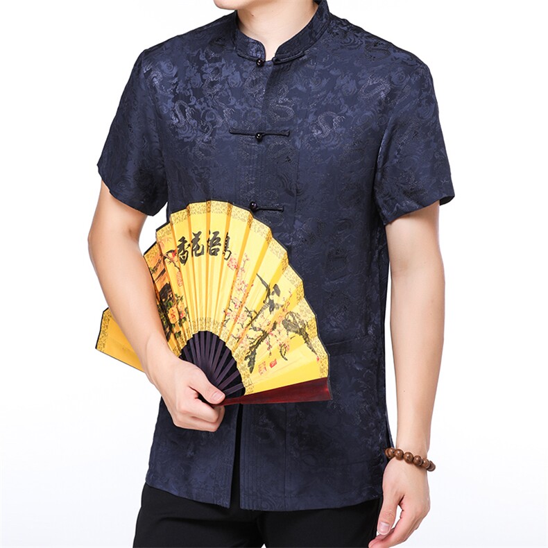 夏季新款中年香云纱男式短袖衬衫唐装上衣中式休闲衬衣，男装民族服装，电商B212（原钱塘6029）