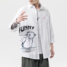2021夏季新款无影墙日系大码男猫咪印花宽松七分袖衬衫C3005-P45，男装衬衫，电商A001