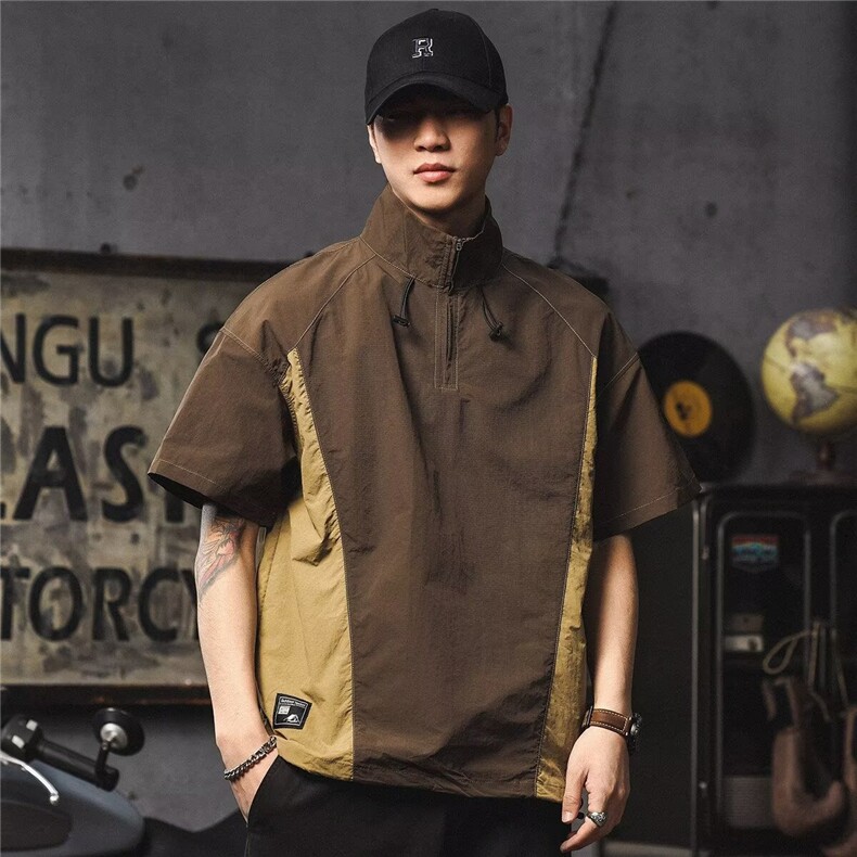 TC132拼接撞色速干长袖衬衫潮牌立领半拉链户外冰丝工装上衣，男装衬衫，星座308A-1（原309B-1）