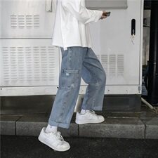 20新款秋季牛仔裤男宽松直筒阔腿男士休闲港风裤子潮男kz367，男装牛仔裤，星座1008