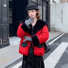 25冬季新年红皮毛拼接新中式鹅绒羽绒服2B082-2276-p365k548，女装羽绒服，2B082