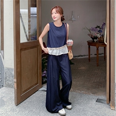 设计感亮片拼接背心套装女2025夏季新款韩系休闲显瘦阔腿裤两件套，女装套装/套裙，2C105