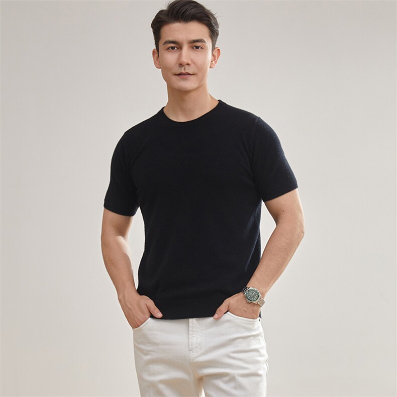 时尚男士圆领短袖羊绒针织衫简约百搭舒适透气高品质纯色设计，男装羊绒套衫，牧群羊绒