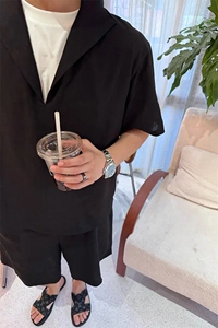 假两件v领短袖衬衫套装男夏季轻奢老钱风穿搭短裤天丝亚麻一整套图片