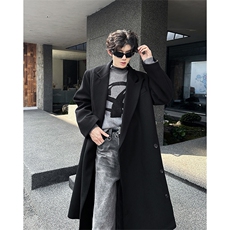 现货~黑色垫肩毛呢大衣冬季赫本英伦风长款教父风衣外套Y900-P135，男装风衣，星座1004-3