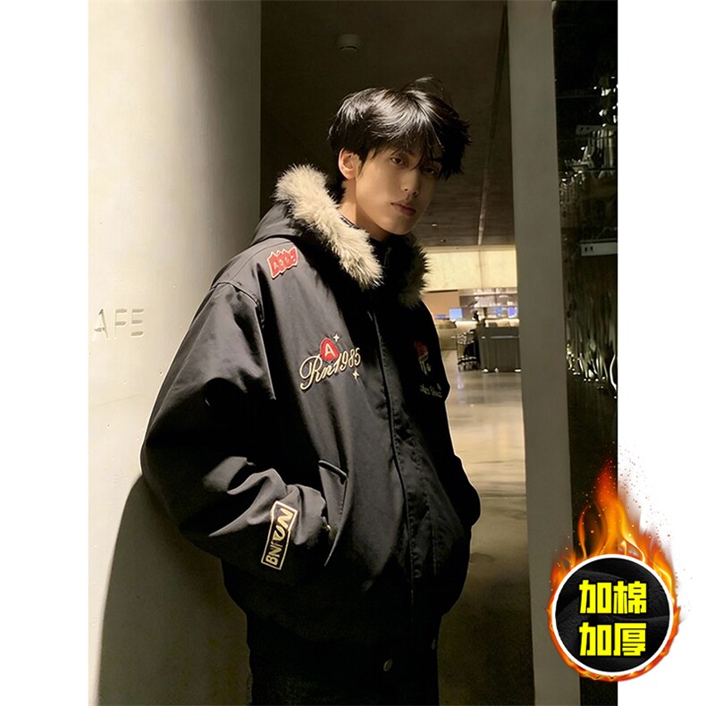 现货高品质美式高街重磅刺绣座山雕大毛毛领棉衣男女加厚棉服外套，男装棉衣，电商A486-1