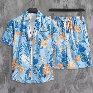 海边沙滩夏威夷短袖花衬衫套装男夏季潮牌衬衣沙滩服度假男装一套图片