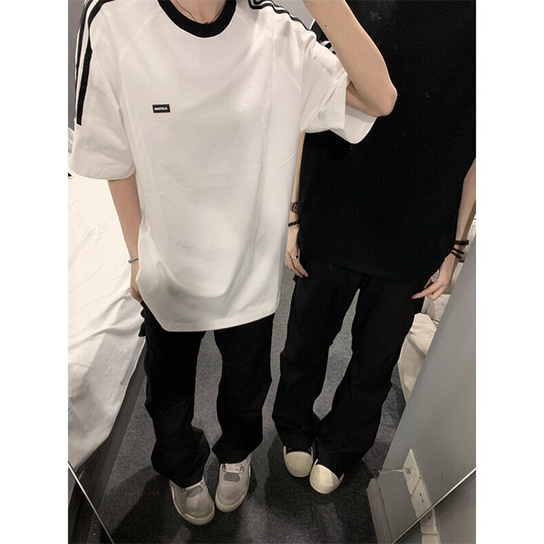 抖音得物品质夏季美式高街纯棉三条杠织带男女短袖T恤ZD588特25,男装T恤,电商A486-1