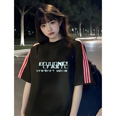 抖音得物品质二开240克宽松纯棉美式潮牌印花三条杠中性风短袖T恤，男装T恤，电商A486-1