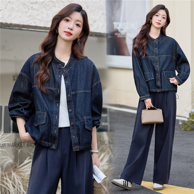 2025秋装新款时尚小立领宽松牛仔外套，女装牛仔外套，依路服饰