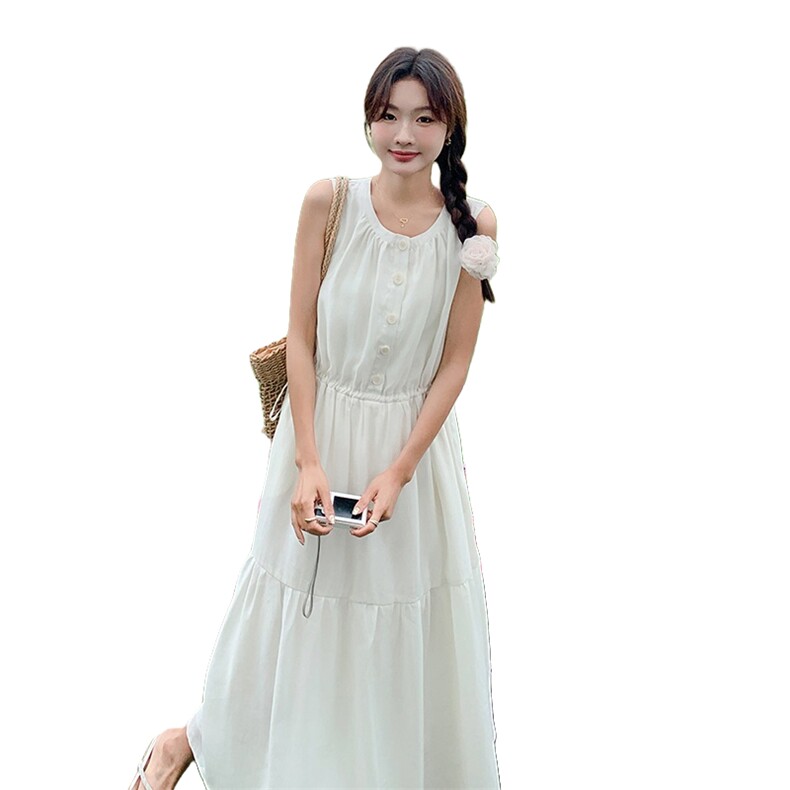 法式温柔风白色无袖连衣裙女2024夏季新款高级感宽松显瘦仙女裙子,女装连衣裙,2C107