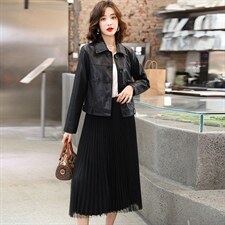 现货2023春季新款时尚气质显瘦潮流衬衫领皮衣外套女,女装套装/套裙,潮流依族
