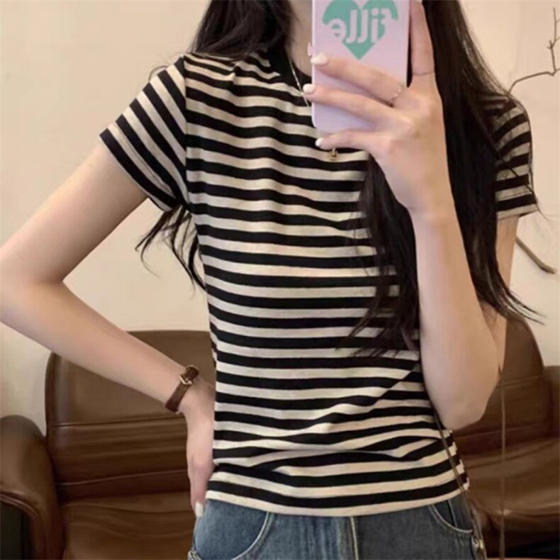 夏季新款女士休闲百搭通勤时尚条纹圆领短袖图片